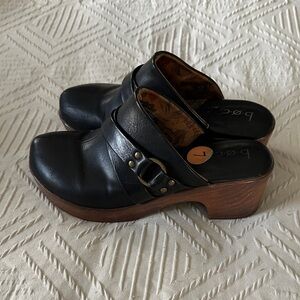 b.o.c. Black Leather Mules with faux  2” Wooden Heel